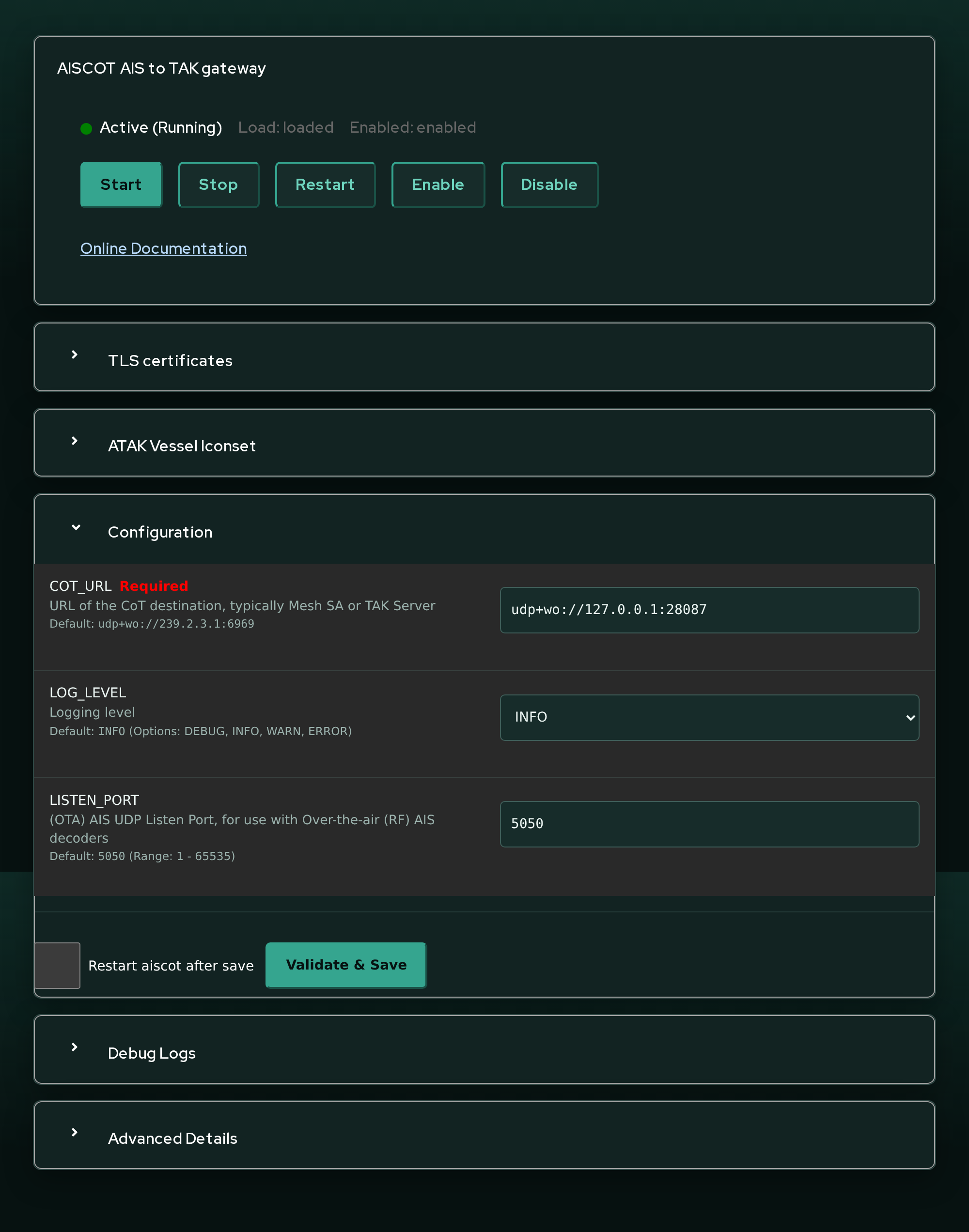 The aiscot gateway page in Cockpit - service controls, TLS certificates, iconset, and the configuration form over /etc/default/aiscot