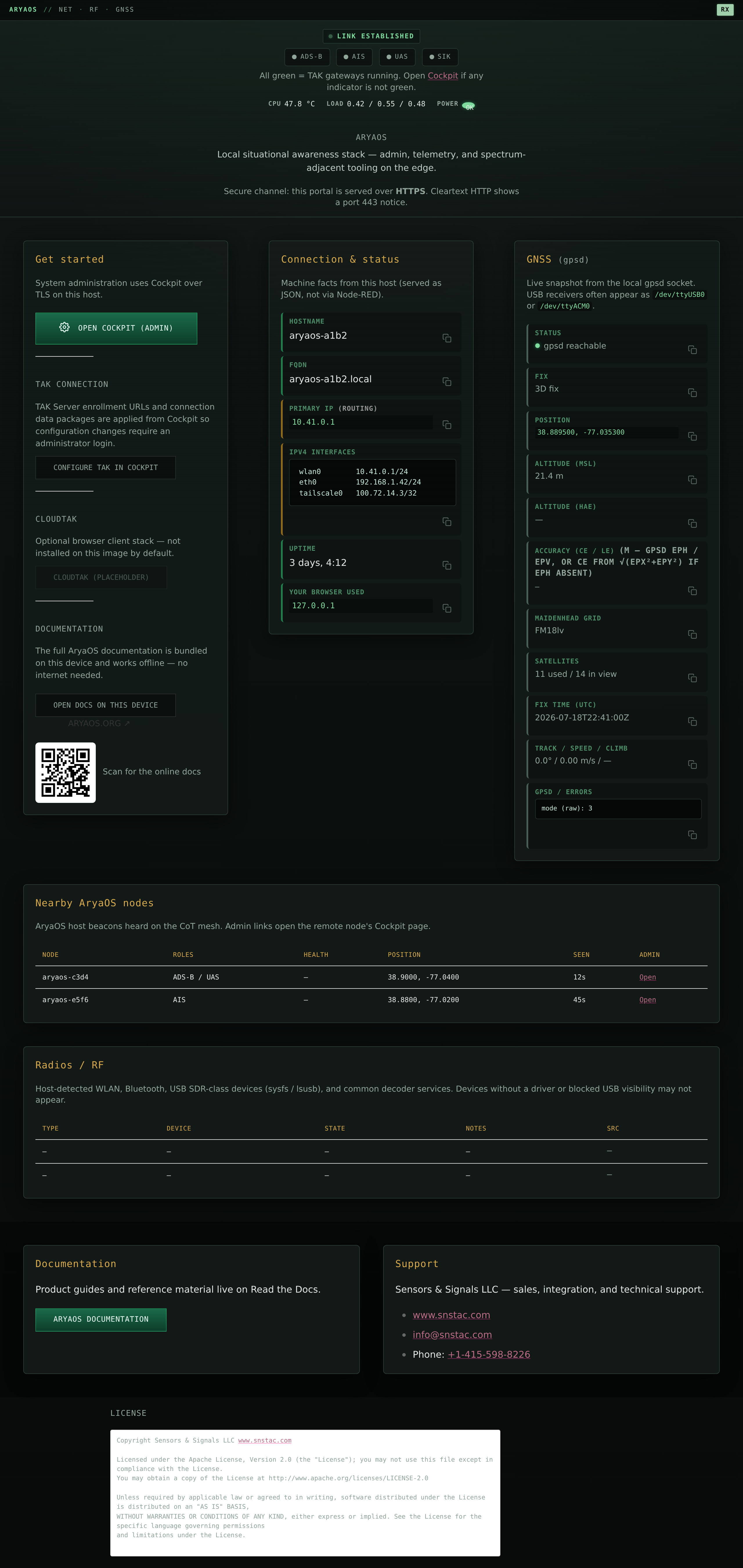 The AryaOS landing portal — TAK gateway status, connection and GNSS panels, radios, nearby nodes, and links to the on-device docs